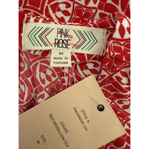 Pink Rose Red Hi Neck Geometric Flowy Summer Sleeveless NWT Top Blouse Halter M - Picture 2 of 7